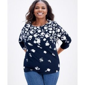 Style &‎ Co Top Womens Plus 0X Navy/White Floral Print Blouse Peasant Casual NWT